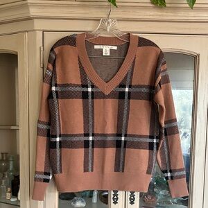 Max Studio Tan and Black Plaid V-Neck Sweater